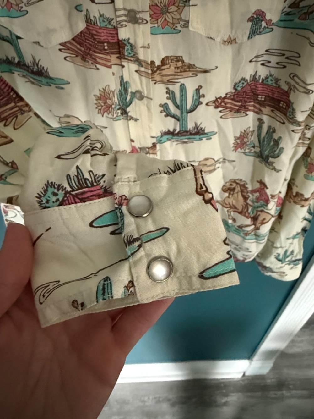 Western Rodeo Print Long-Sleeve Shirt - Cream with Teal & Brown 269 - Picture 4 of 4